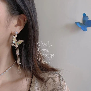 DAIIIBABYYY  -  Korean Fashion Pearl Long Drop Earring Jewelry  Needle Cute Butterfly Tassel Dangle Earrings for Women Accessories